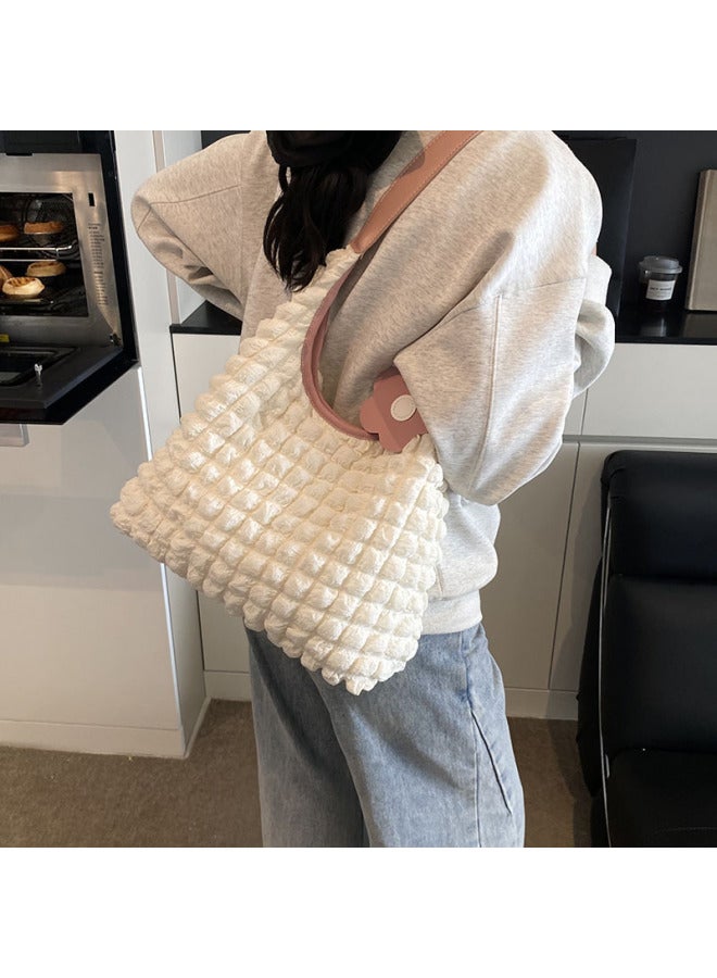 2025 Fashion Bubble Pleated All-match Shoulder Crossbody Bag Women's High-end Niche Design Portable Bucket Bag-Color:White With Blue  - Image 3
