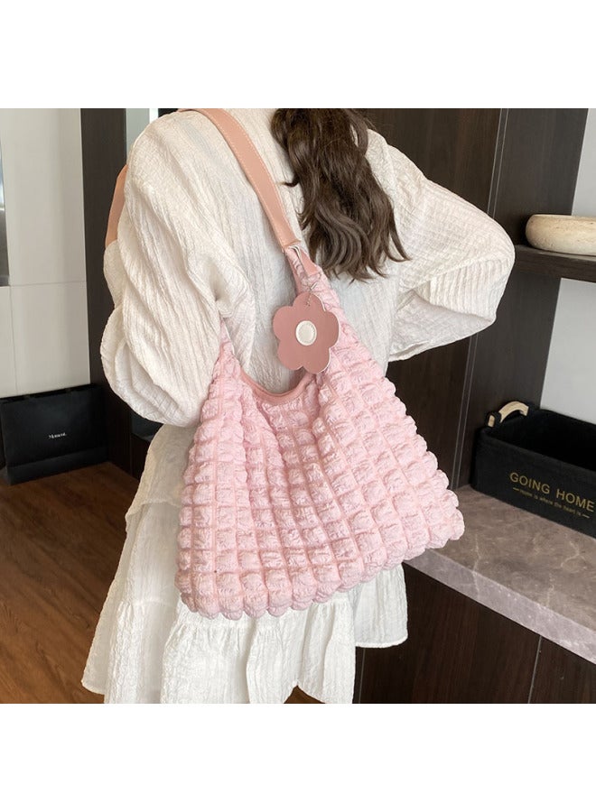 2025 Fashion Bubble Pleated All-match Shoulder Crossbody Bag Women's High-end Niche Design Portable Bucket Bag-Color:White With Blue  - Image 5
