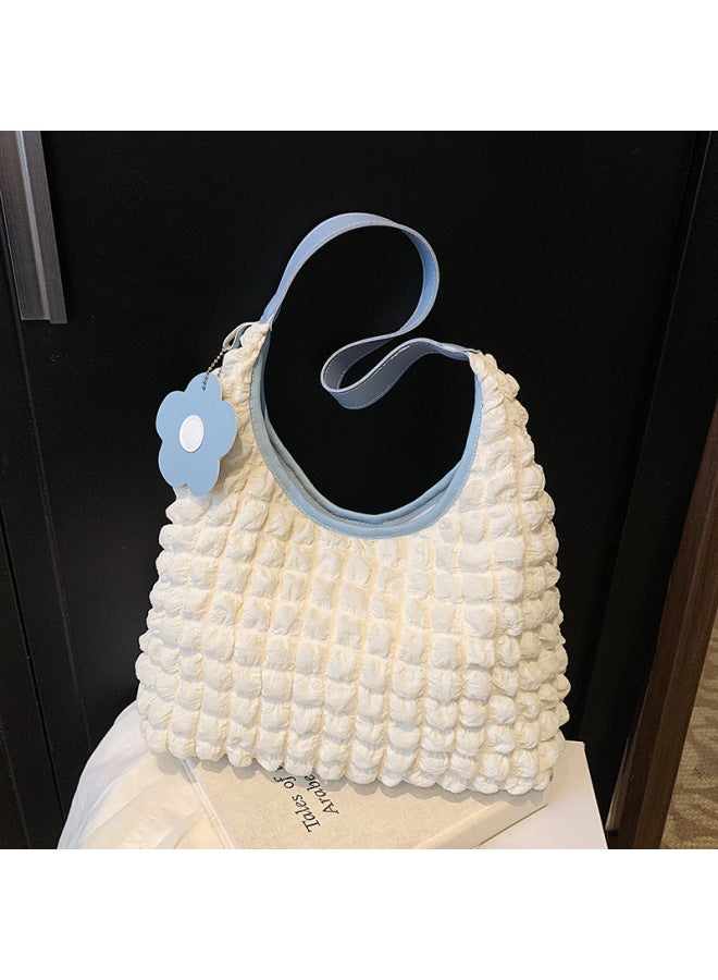 2025 Fashion Bubble Pleated All-match Shoulder Crossbody Bag Women's High-end Niche Design Portable Bucket Bag-Color:White With Blue  - Image 1