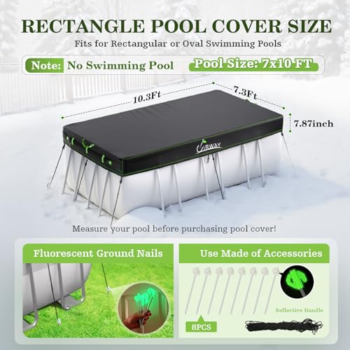 UIRWAY 15 Ft Round Pool Cover with Reflective Strips, Swimming Pool Cover for Above Ground Pools, Solar Cover Including Rope Tie and Luminous Ground Nails, PU Tarp Snug Fit for UV Protected - Image 2