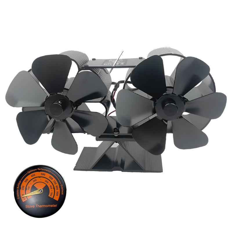 Wood Stove Fan Heat Powered Dual Silent Motors 4 Blades Non-Electric Heat Activated Fireplace Fan with Bracket and Magnetic Thermometer Perfect for Wood Burning Stove / Log Burner - Image 3