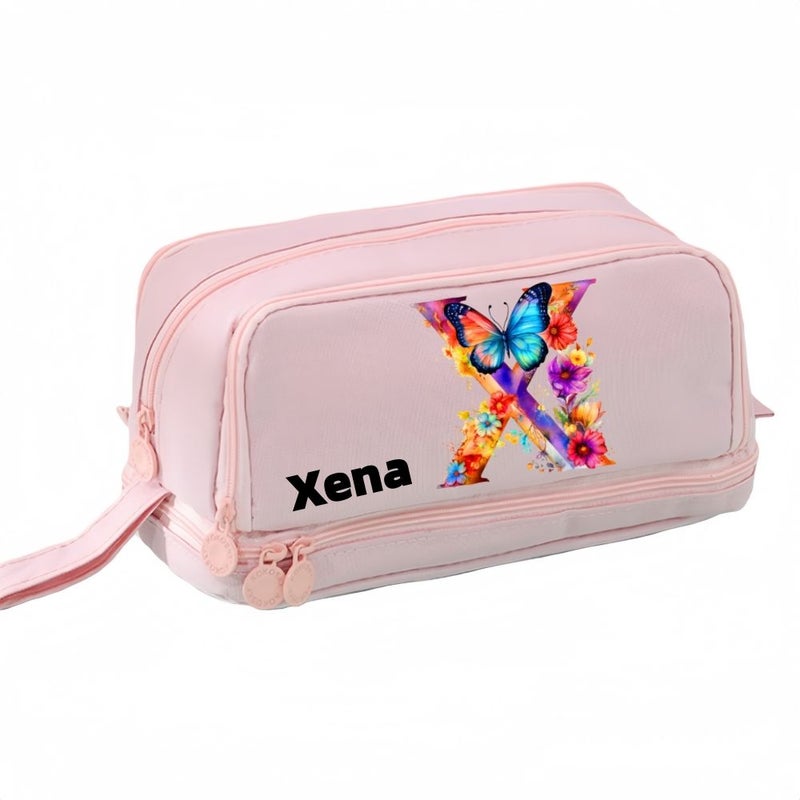 حقيبة أقلام خضراء بطبعة فراشات وأزهار، مكونة من أربع طبقات، مع 26 حرفًا أوليًا - Image 5