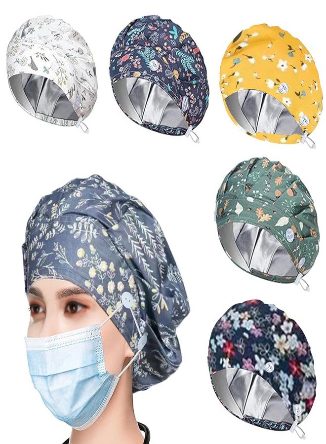 LZDGCC 6PCS Bouffant Scrub Caps Women, Satin Lined Scrub Caps Women, Adjustable Surgical Cap for Womens, Nurse Cap with Button and Sweatband, Unisex Scrub Hats, One Size Multi Color - Image 1