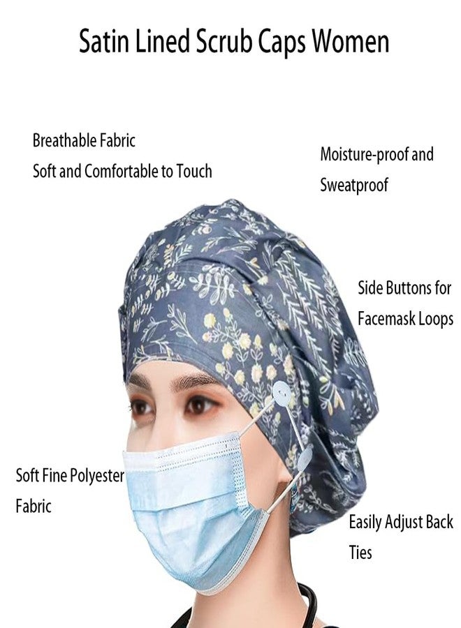 LZDGCC 6PCS Bouffant Scrub Caps Women, Satin Lined Scrub Caps Women, Adjustable Surgical Cap for Womens, Nurse Cap with Button and Sweatband, Unisex Scrub Hats, One Size Multi Color - Image 2