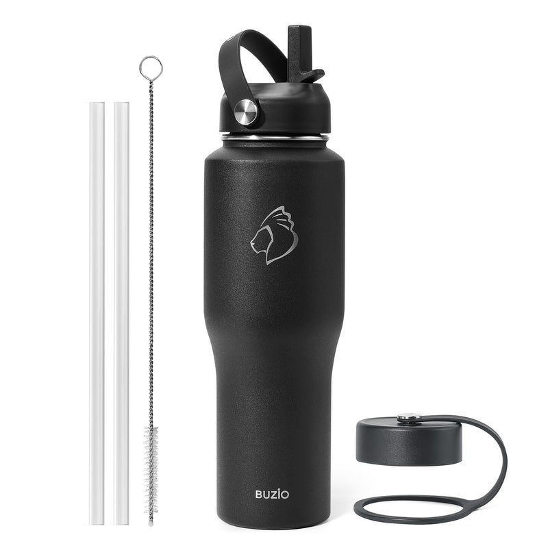 BUZIO Insulated Water Bottle Fits in Cupholder, Stainless Steel Tumbler with Straw Lid 32oz, Leak-proof BPA-Free Insulated Water Flask for Travel, Keeps Cold for 48H, Hot for 24H, Black - Image 1