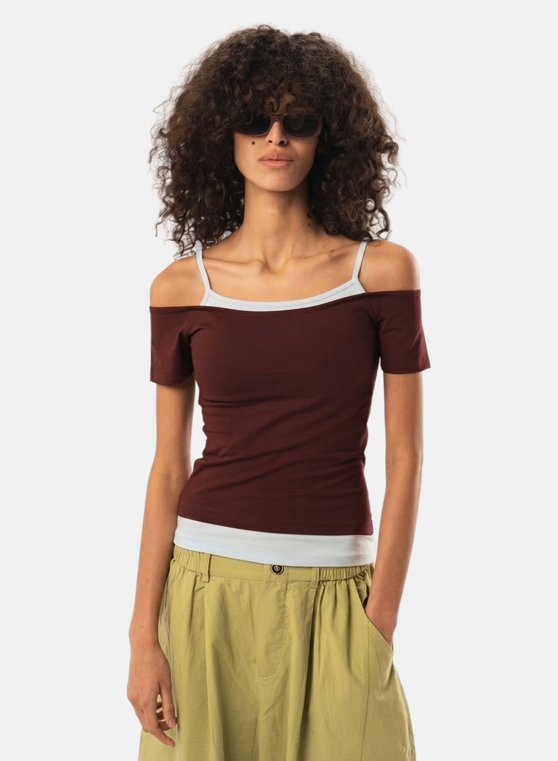 In Your Shoe Burgundy Off Shoulder Double Layered Top - Image 1