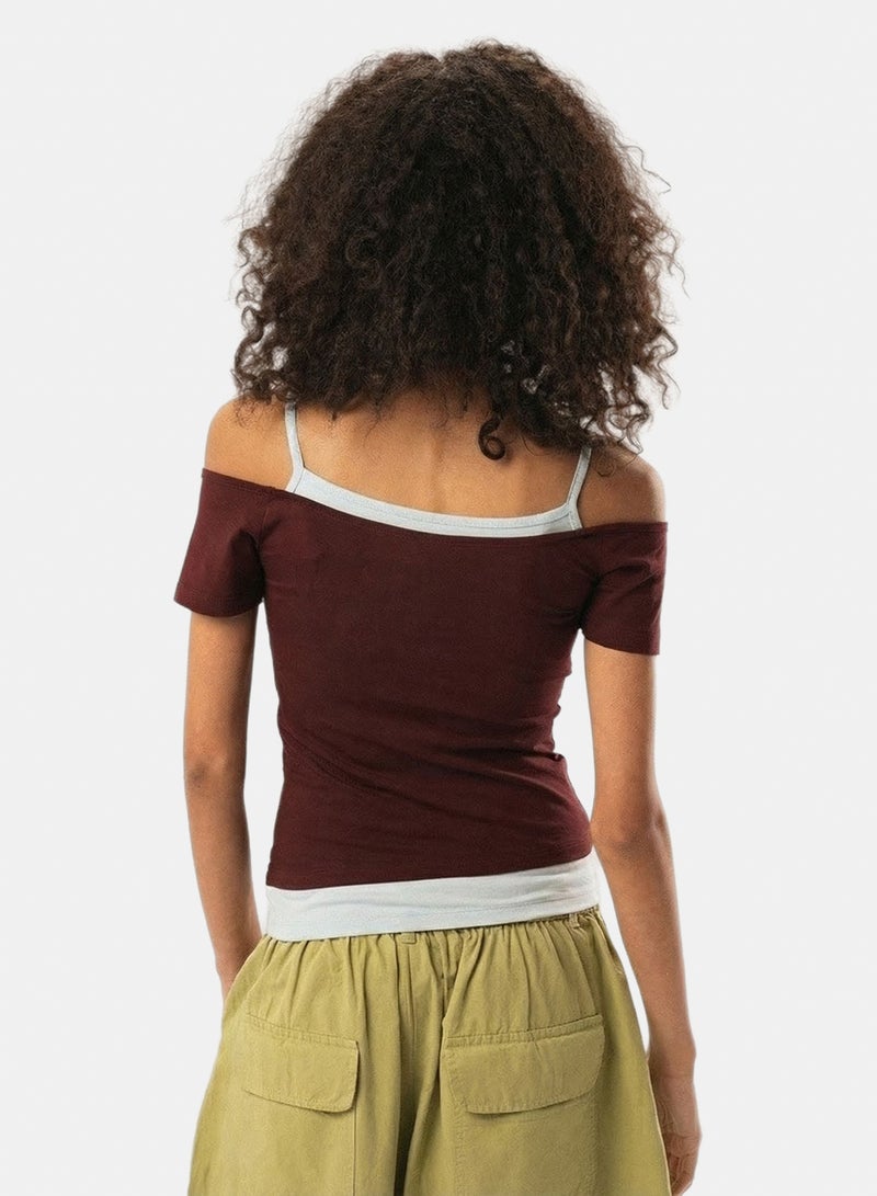 In Your Shoe Burgundy Off Shoulder Double Layered Top - Image 2