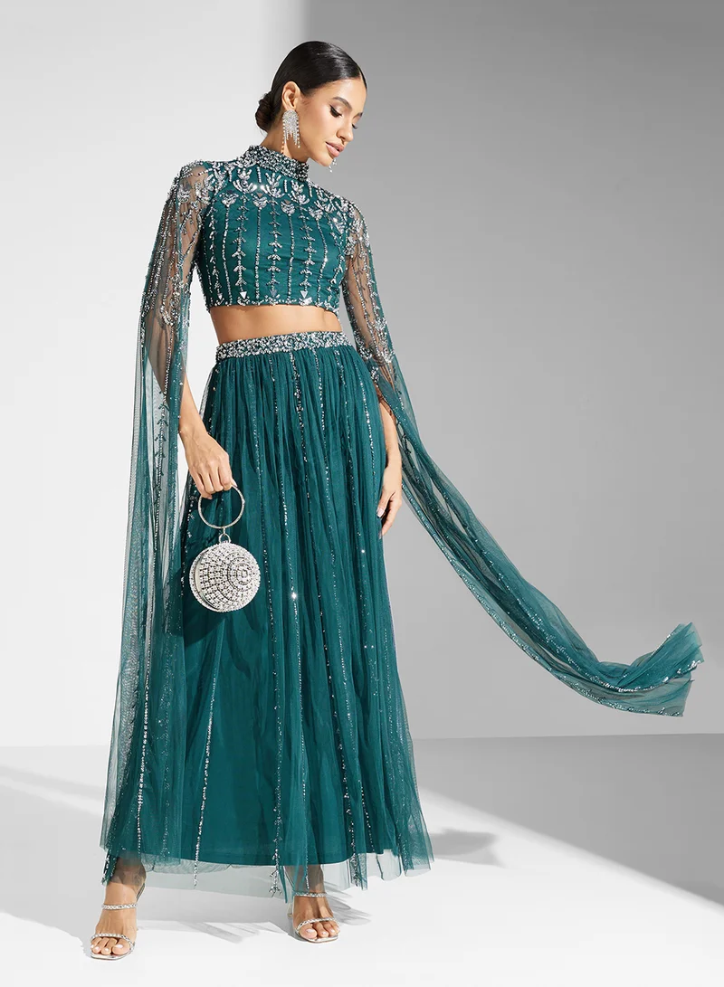 فروك اند فرل Embellished Lehanga & Cape Sleeve Top Set