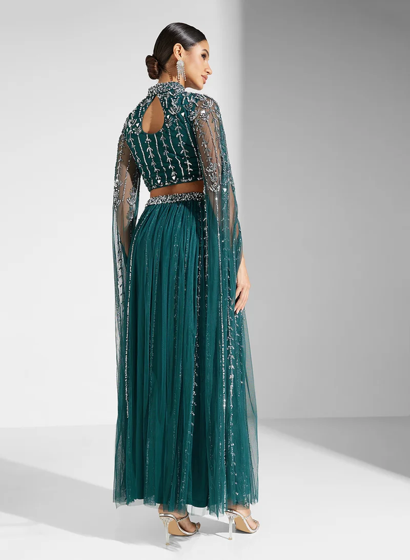 فروك اند فرل Embellished Lehanga & Cape Sleeve Top Set