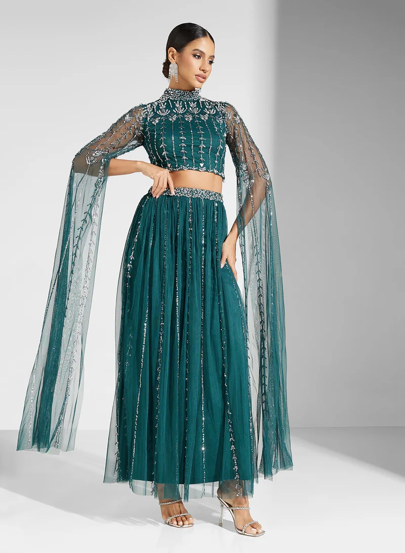 فروك اند فرل Embellished Lehanga & Cape Sleeve Top Set