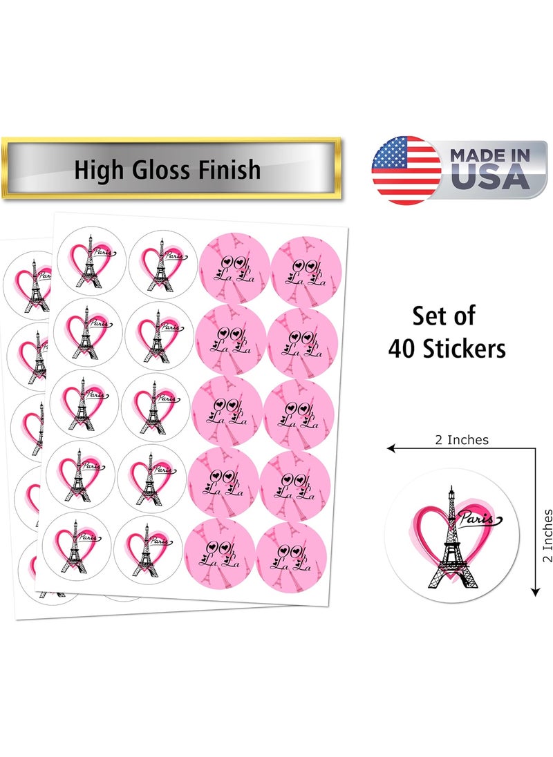 RokAPary 40 Paris Eiffel Tower Pink Round Stickers 2 Inch Big Round Glossy Labels Theme for Baby Shower Birthday Wedding Bridal Shower Great for Party Favors Tags Games and Supplies Made in USA  - Image 2