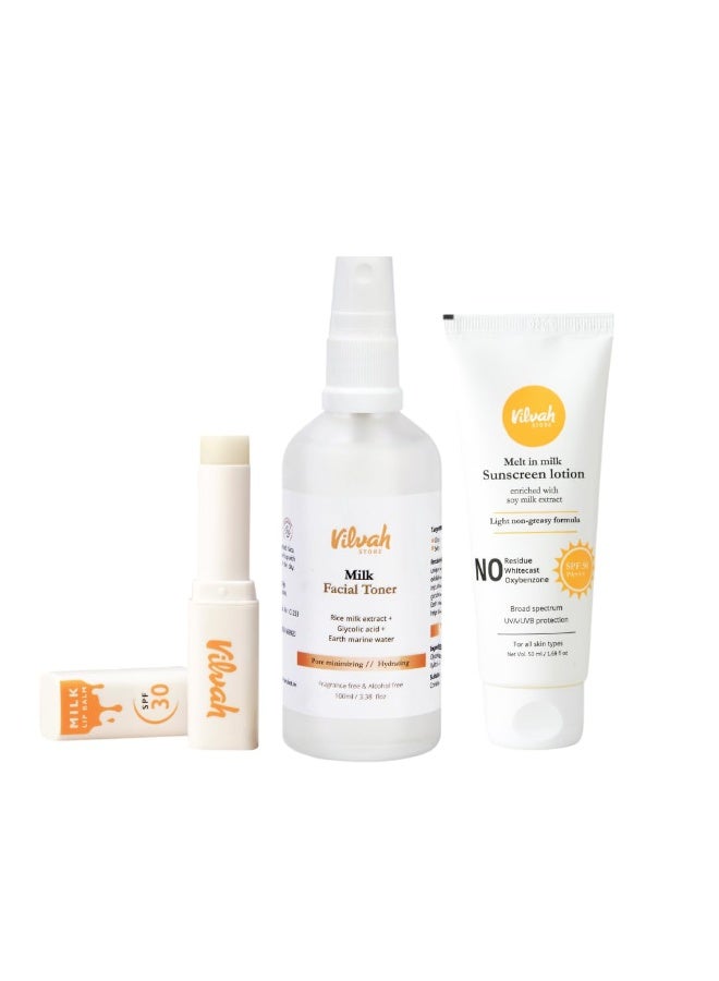 Vilvah STORE Summer Essentials Combo | Toner 100ml + Sunscreen 50ml SPF 50  + Lip Balm 4g SPF 30 | Lightweight Hydration, UV Defence & Protection | Refreshes & Nourishes | For All Skin Types - Image 1