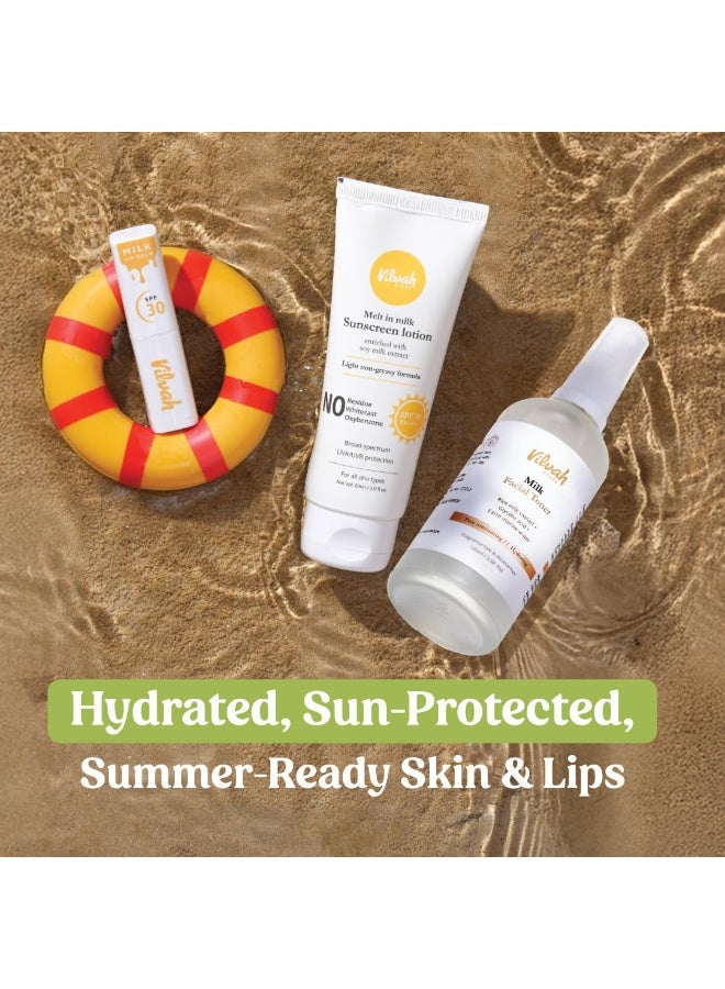 Vilvah STORE Summer Essentials Combo | Toner 100ml + Sunscreen 50ml SPF 50  + Lip Balm 4g SPF 30 | Lightweight Hydration, UV Defence & Protection | Refreshes & Nourishes | For All Skin Types - Image 2