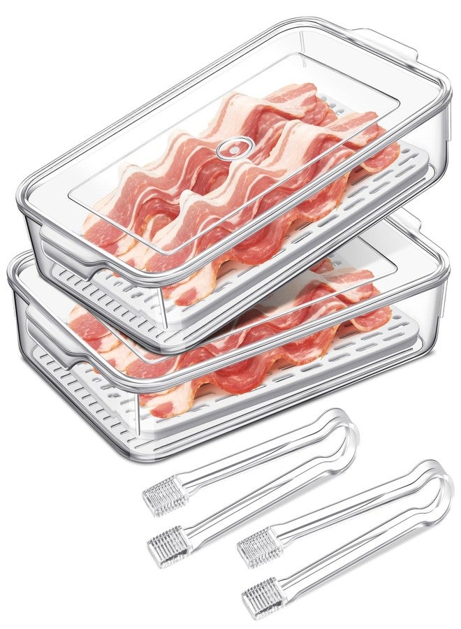FillTouch 2 Pcs Bacon Storage Container for Refrigerator with Tong, Bacon Deli Meat Storage Container with Perforated Tray for Freshness, Clear Plastic Meat Saver for Fridge Food - Image 1