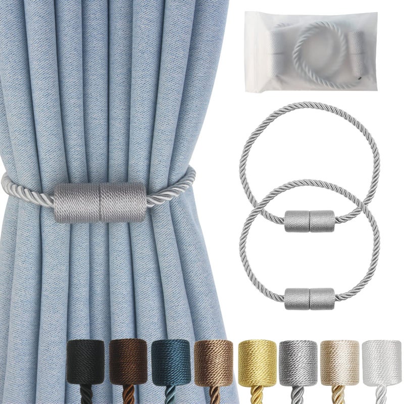 Hangtty Magnetic Curtain Tiebacks 2 Pack Grey Curtain Rope Tieback Curtain Holders for Drapes Modern Tie Backs Decorative Curtain Holdbacks