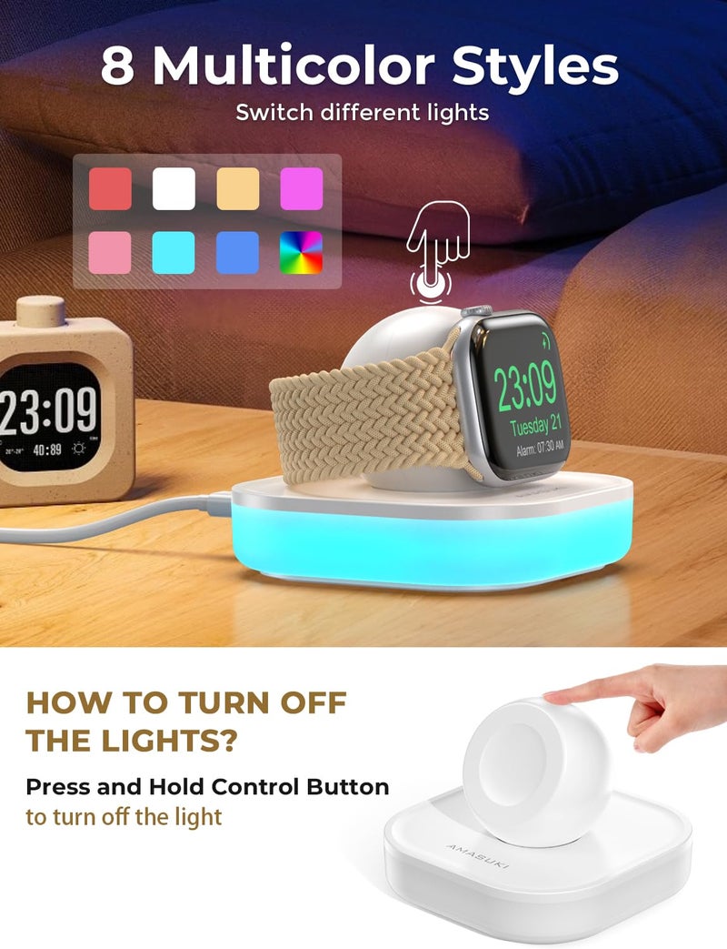 Amasuki Magnetic for Apple Watch Charger Stand, Portable iWatch Charger Dock with Adjustable Colorful Light & USB Cable, Compatible with Apple Watch Series 11 10 9 8 7 SE 6 5 4 3 2/Ultra 2-White - Image 2