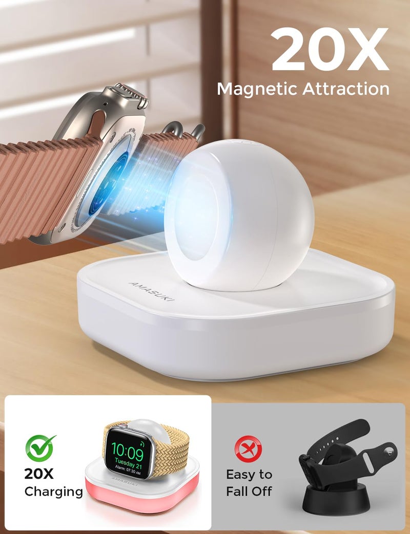 Amasuki Magnetic for Apple Watch Charger Stand, Portable iWatch Charger Dock with Adjustable Colorful Light & USB Cable, Compatible with Apple Watch Series 11 10 9 8 7 SE 6 5 4 3 2/Ultra 2-White - Image 3