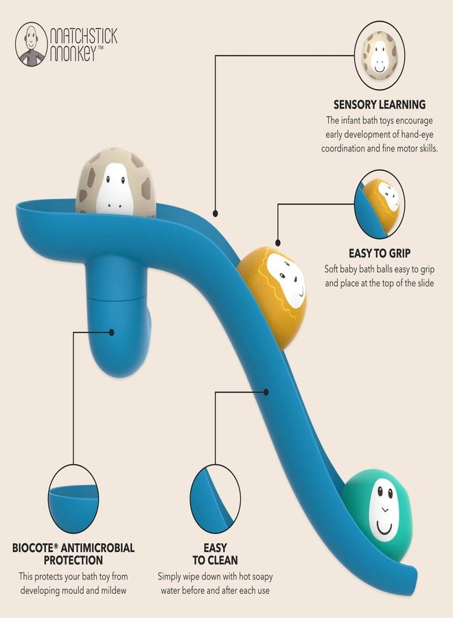 ماتشستيك مونكي مجموعة زحليقة وقت الاستحمام على شكل قرد أعواد الثقاب - لعبة استحمام للأطفال، تنمية حسية، أحجار حيوانات سهلة الإمساك، تشجع المهارات الحركية واللعب بالماء، خالية من مادة BPA، مناسبة للأطفال من عمر 12 شهرًا فما فوق، لون أزرق - Image 4