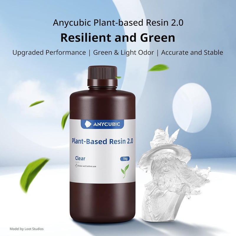 3idea راتنج طباعة ثلاثية الأبعاد قائم على النباتات 2.0، راتنج سريع قائم على النباتات 405 نانومتر 2.0، رائحة منخفضة، راتنج فوتوبوليمر لطباعة ثلاثية الأبعاد LCD، 1 كجم شفاف - Image 2