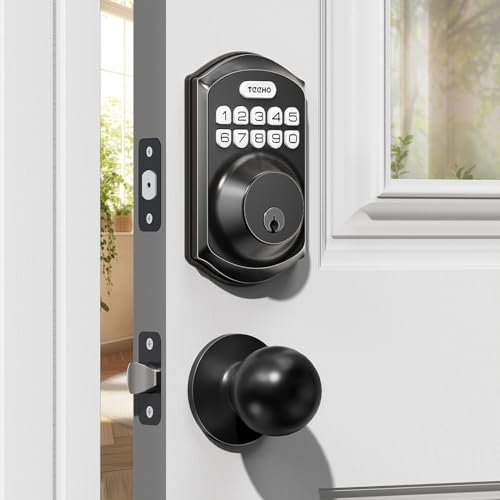 TEEHO TE001K Keyless Entry Door Lock with Handle, Electronic Keypad Deadbolt with 2 Knobs, High-Security Front Door Handle Set for Home & Rental, Smart Auto-Locking, Easy Install, Matte Black - Image 1
