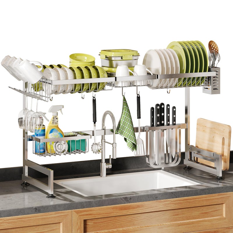 BOOSINY 2 Tier Extra Large Stainless Steel Expandable Over The Sink Dish Drainer Drying Rack, Rust Proof Metal, Space Saving, Modern Silver Big Capacity Extendable Plate Strainers Above Kitchen Counter - Image 1