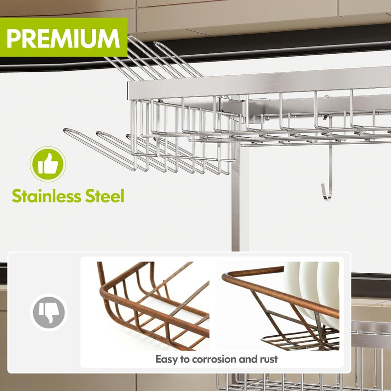 BOOSINY 2 Tier Extra Large Stainless Steel Expandable Over The Sink Dish Drainer Drying Rack, Rust Proof Metal, Space Saving, Modern Silver Big Capacity Extendable Plate Strainers Above Kitchen Counter - Image 4