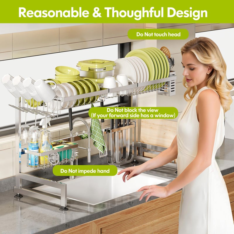 BOOSINY 2 Tier Extra Large Stainless Steel Expandable Over The Sink Dish Drainer Drying Rack, Rust Proof Metal, Space Saving, Modern Silver Big Capacity Extendable Plate Strainers Above Kitchen Counter - Image 5