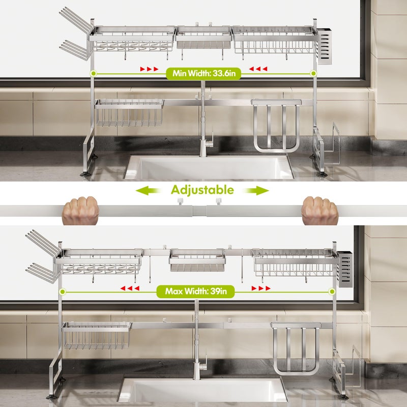 BOOSINY 2 Tier Extra Large Stainless Steel Expandable Over The Sink Dish Drainer Drying Rack, Rust Proof Metal, Space Saving, Modern Silver Big Capacity Extendable Plate Strainers Above Kitchen Counter - Image 3
