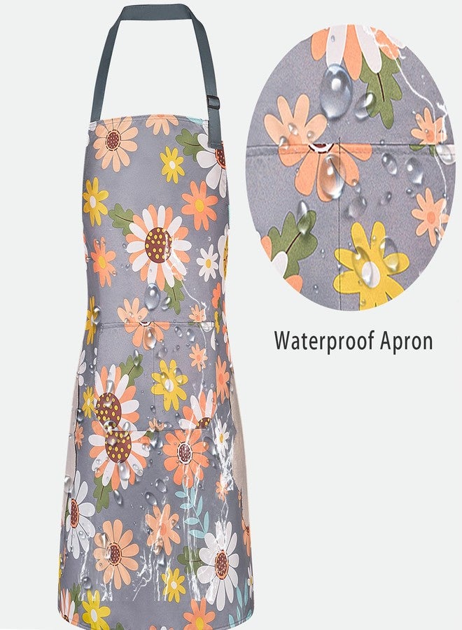 DILLMAN 2 Pack Floral Aprons with Pocket, Blooming Womens Aprons Waterproof Adjustable Cooking Aprons for Kitchen Gardening and Salon (2Pack #C) - Image 4