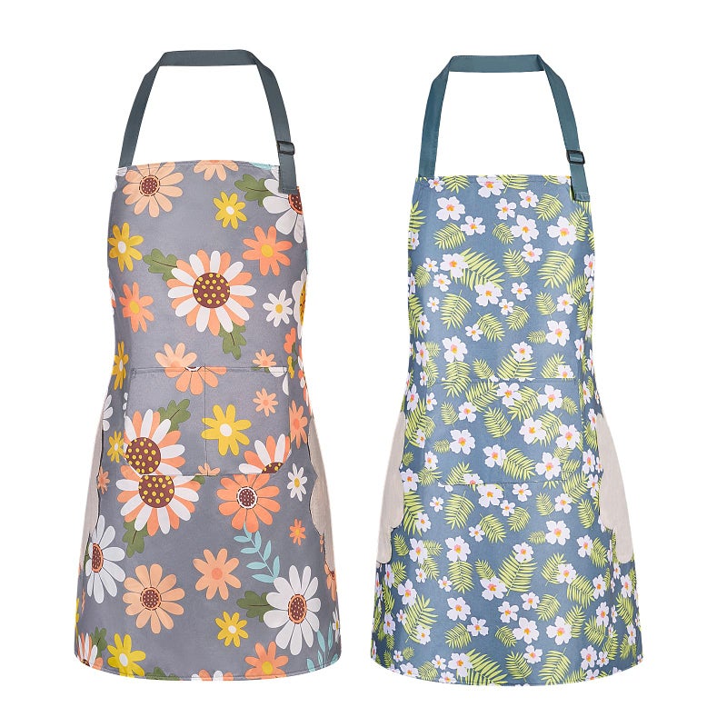 DILLMAN 2 Pack Floral Aprons with Pocket, Blooming Womens Aprons Waterproof Adjustable Cooking Aprons for Kitchen Gardening and Salon (2Pack #C) - Image 1