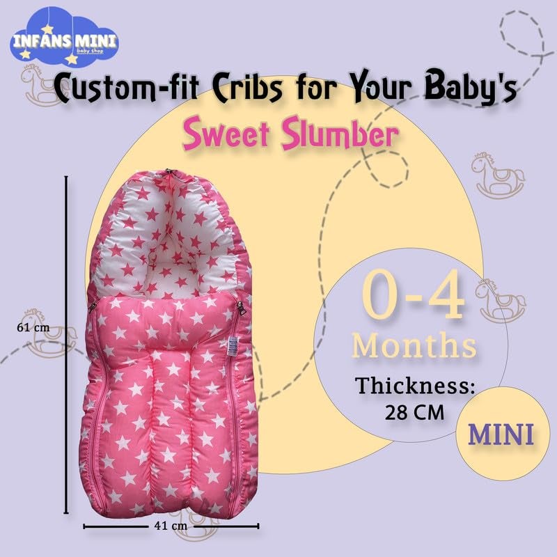 Infans Mini 3 in 1 Babys Cotton Carry Bed with Thick Mattress Portable Unisex Sleeping Bag for 04 Months BabiesMiniPortable Bed Cum Carry BedPrinted Baby Sleeping Bed Star Pink - Image 4
