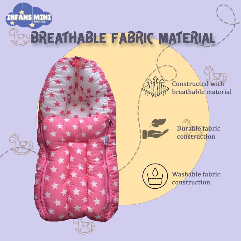Infans Mini 3 in 1 Babys Cotton Carry Bed with Thick Mattress Portable Unisex Sleeping Bag for 04 Months BabiesMiniPortable Bed Cum Carry BedPrinted Baby Sleeping Bed Star Pink - Image 5