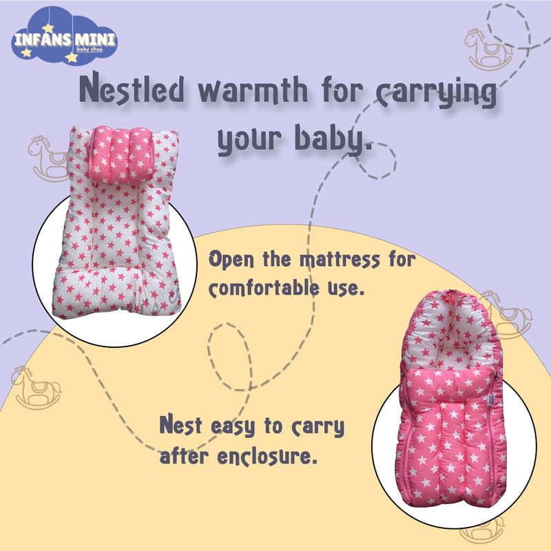 Infans Mini 3 in 1 Babys Cotton Carry Bed with Thick Mattress Portable Unisex Sleeping Bag for 04 Months BabiesMiniPortable Bed Cum Carry BedPrinted Baby Sleeping Bed Star Pink - Image 3