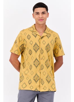 Men Regular Fit Aztec Pattern Short Sleeve Casual Shirts, Mustard Yellow