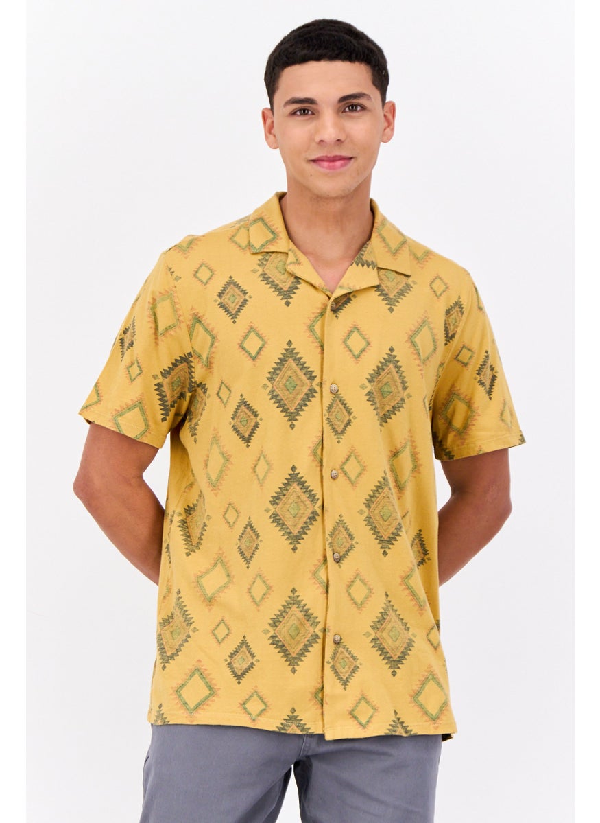 Civil Society - Men Regular Fit Aztec Pattern Short Sleeve Casual Shirts, Mustard Yellow - Image 1