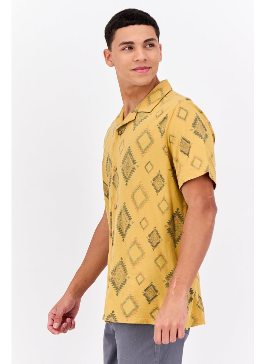 Civil Society - Men Regular Fit Aztec Pattern Short Sleeve Casual Shirts, Mustard Yellow - Image 1