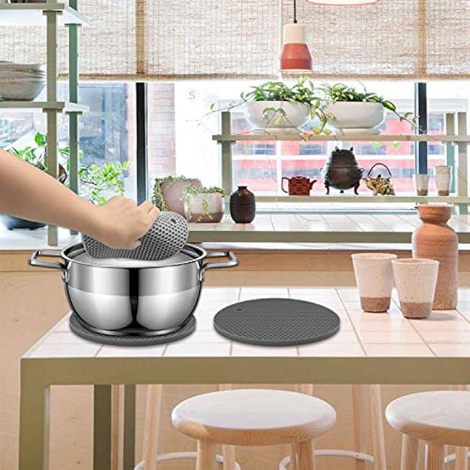 LogHog Set Of 5 Thickened Silicone Pot Coaster Trivet MatsPot HolderHot PadsNon Slip Durable Flexible Table Mats Round Honeycome Multipurpose Kitchen Heat Resistant Mat Grey - Image 4