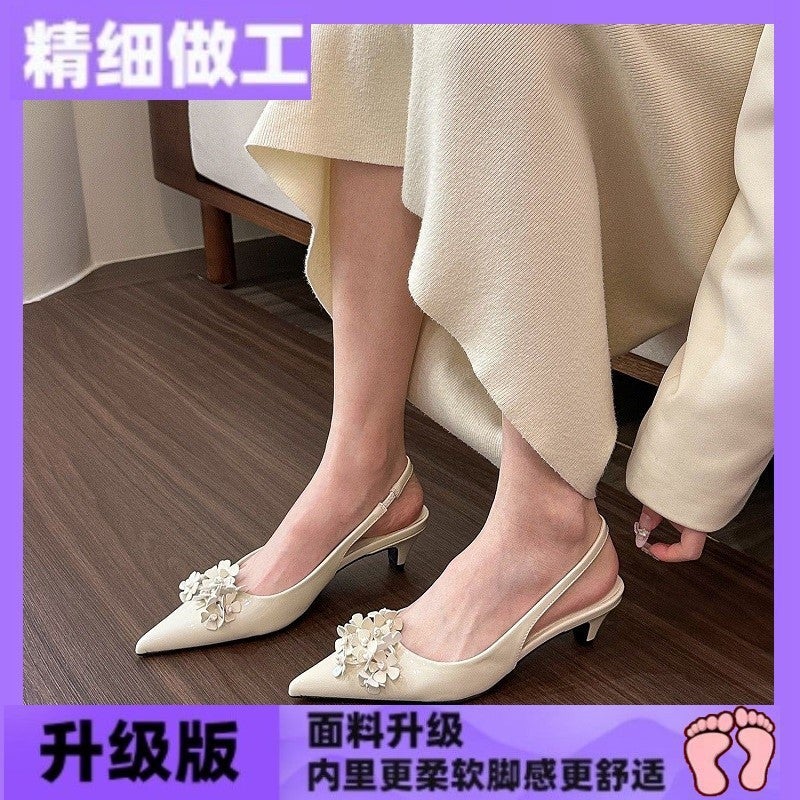 2025 ربيع/صيف جديد أنيق متعدد الاستخدامات بأسلوب فرنسي أنيق مزهر بأسلوب الجنية مع كعب عالٍ مفتوح من الخلف - Image 1