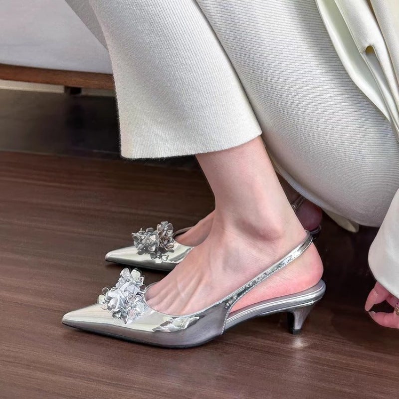 2025 ربيع/صيف جديد أنيق متعدد الاستخدامات بأسلوب فرنسي أنيق مزهر بأسلوب الجنية مع كعب عالٍ مفتوح من الخلف - Image 5