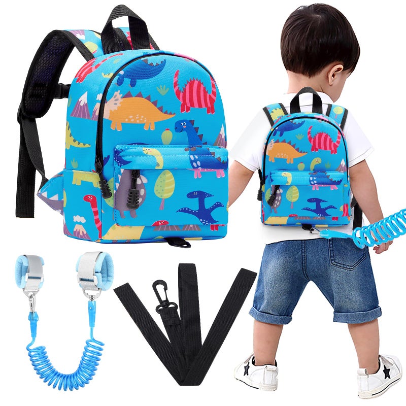 Accmor Toddler Backpack Leash with Anti Lost Wrist Link, Cute Mini Child Walking Harnesses Keep Kids Close Back Pack Rope Tether Rein for Baby Boys (Light Blue/Dino) - Image 1