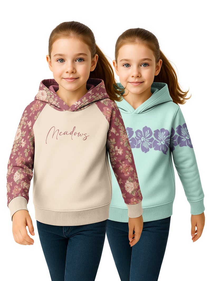 HELLCAT Trendy Cotton Blend Hoodie Sweatshirt for Girls - Pack of 2_Brown, Mint Green_3-4Years - Image 1
