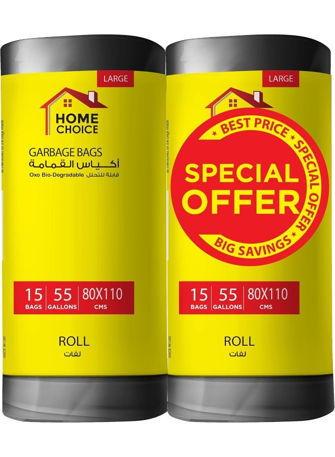 HOME CHOICE 55 Gallons, Pack of 30 Trash Bags (15 Trash Bags X 2 Rolls), Size 80*110 cm, Heavy Duty Bio-degradable Garbage Bags Rolls, Bin Liners  - Image 1