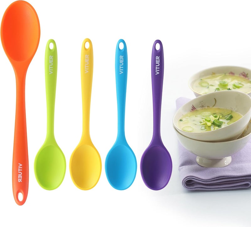 VITUER 5PCS Silicone Serving Spoons Set, Heat Resistant Kitchen Spoons for Cooking, Mixing, Stirring and Serving, Dishwasher Safe (5 Pack, Multicolor) - Image 1