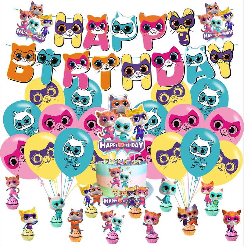 BNFUO Super Cats Birthday Decorations Super Cats Party Supplies Include Happy Birthday Banner Cake Topper and Cupcake Toppers Balloons for Kids Party Decor - Image 2