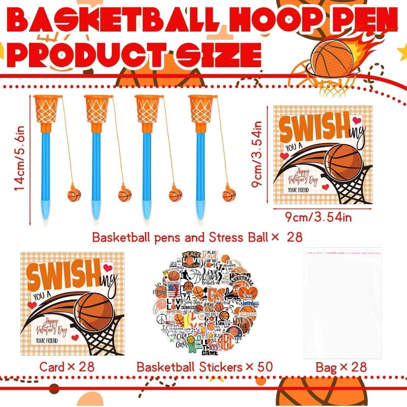 Gosodeny 28 Set Valentine's Day Gifts Bulk Basketball Party Favors Basketball Hoop Pens Gift Set Basketball Stickers Basketball Card Sports Fans Party Prize Gifts Valentine's Present from Teacher - Image 2
