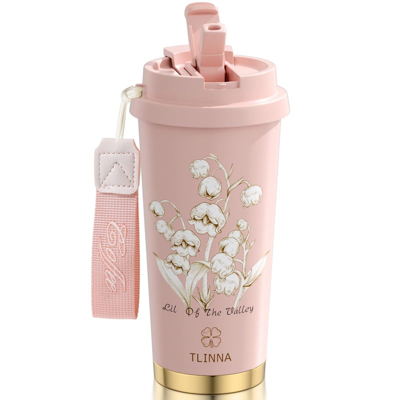 TLINNA [2-IN-1 LID] Travel Mug,Coffe mug,Coffe cup,Ceramic coating Lined,316 Stainless Steel,BPA Free,Vacuum Insulated Tumbler for Water, Iced Tea or Coffee, Smoothie and More (Bell Orchid-Pink, 18 Ounces) - Image 1