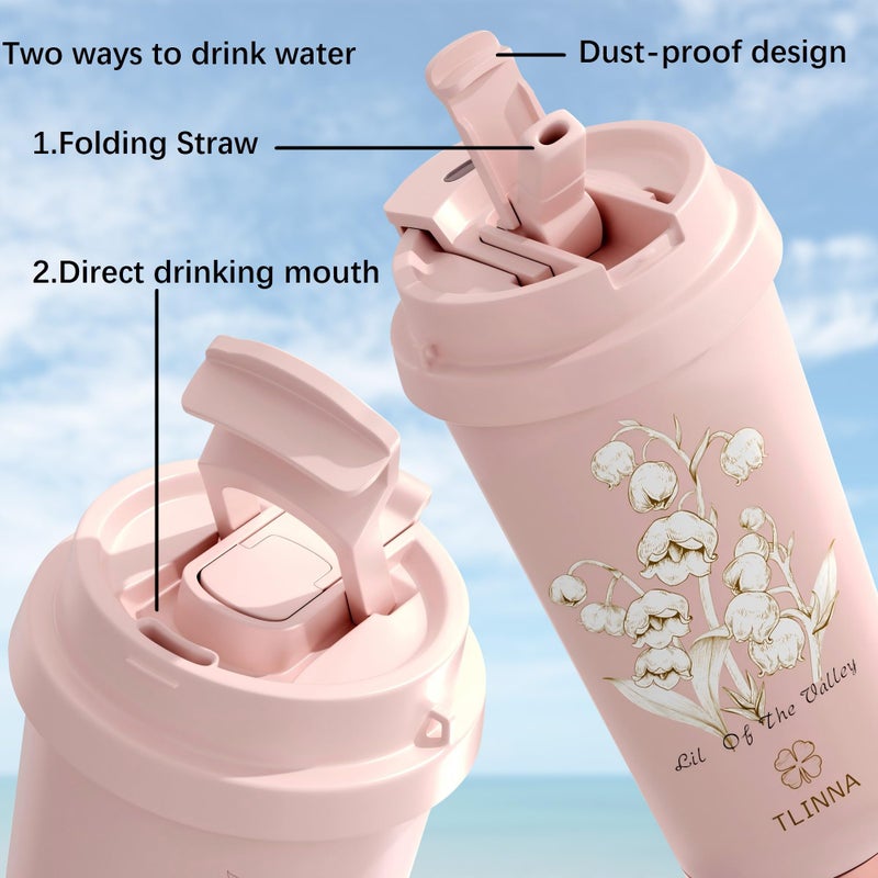 TLINNA [2-IN-1 LID] Travel Mug,Coffe mug,Coffe cup,Ceramic coating Lined,316 Stainless Steel,BPA Free,Vacuum Insulated Tumbler for Water, Iced Tea or Coffee, Smoothie and More (Bell Orchid-Pink, 18 Ounces) - Image 3