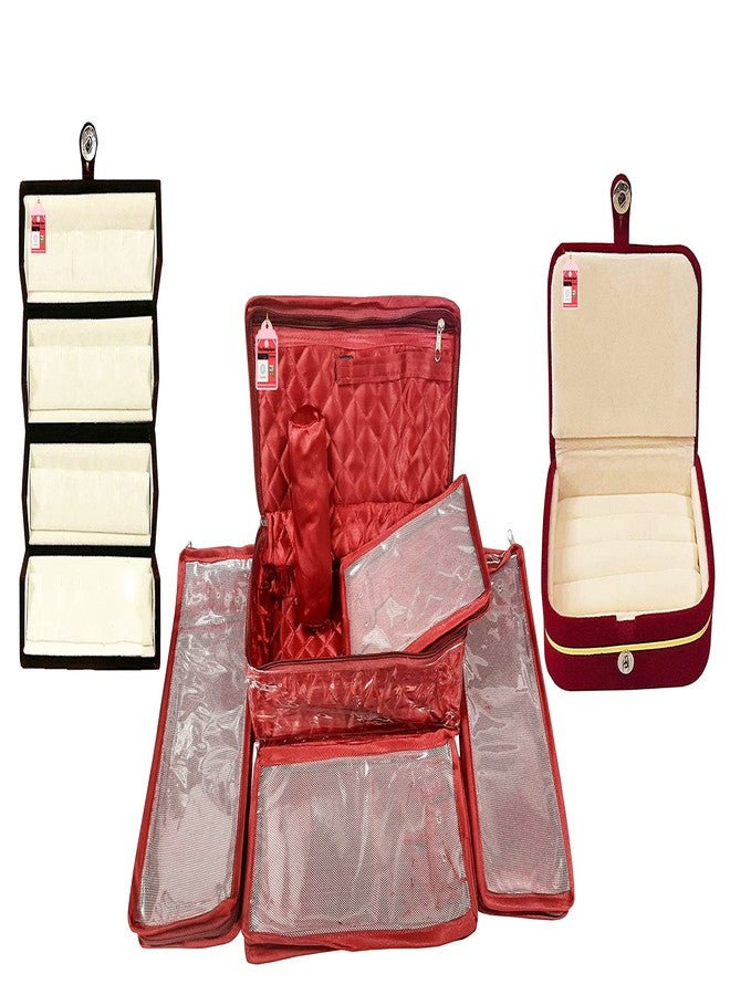 LUCES Combo Satin Maroon Make-Up Pouch Jewellery Box 4 Pouch 1 roll Bangle Bag with Velvet Cream Ring & Earring Folder ewellery Organizer/Storage Box - Image 1