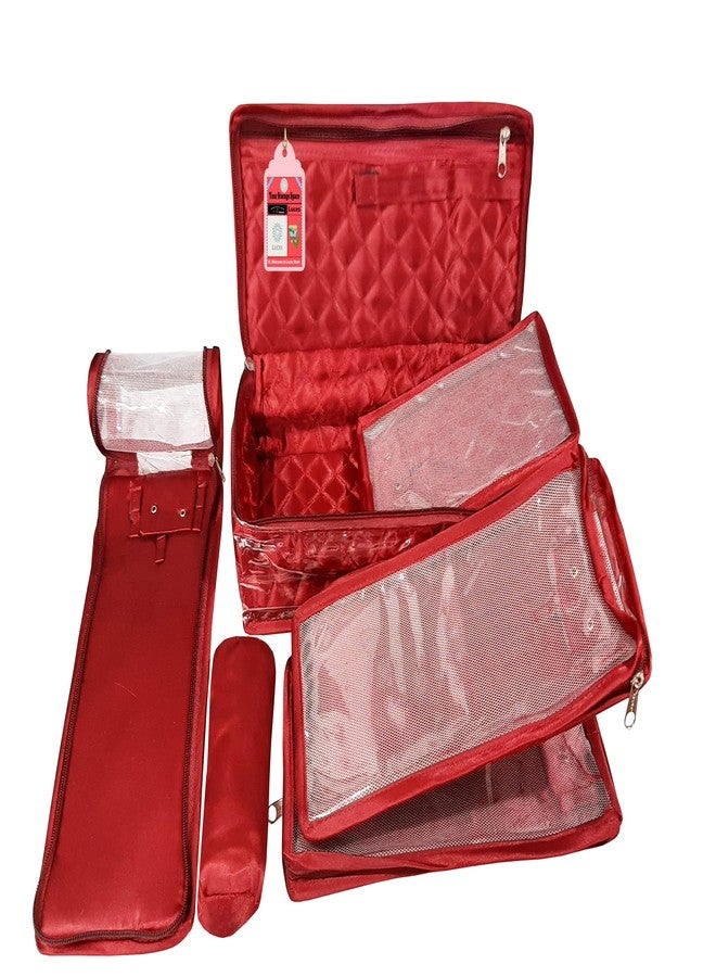 LUCES Combo Satin Maroon Make-Up Pouch Jewellery Box 4 Pouch 1 roll Bangle Bag with Velvet Cream Ring & Earring Folder ewellery Organizer/Storage Box - Image 2