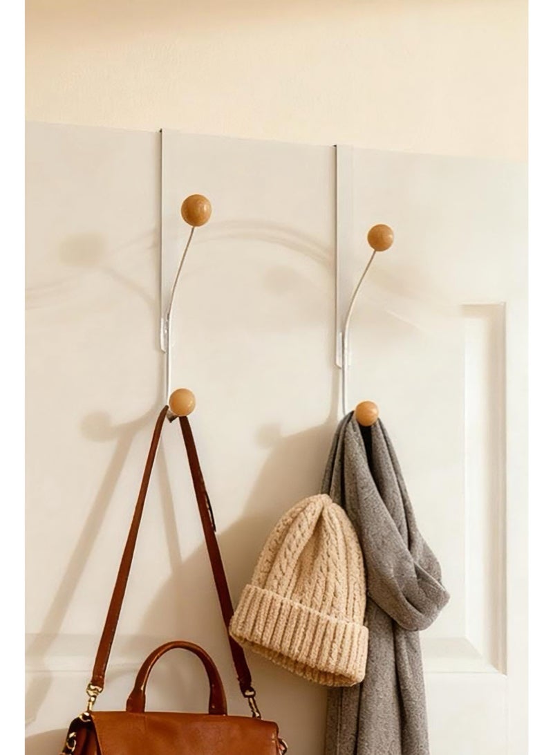 2 Pack Over The Door Hooks with Wooden Ball Finials, White Metal Door Hanger Organizer for Towels, Robes, Coats & Hats - Image 1